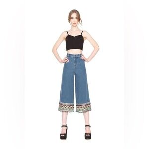 Alice + Olivia Beta Pom Pom High Waist Wide Leg Cropped Jeans Size 28